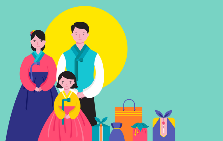 Familia feliz tradicional coreana  Ilustración
