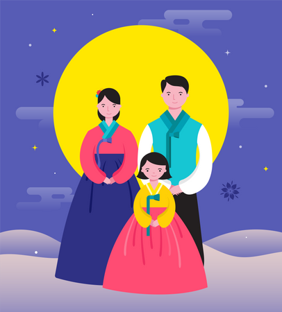Vestido tradicional coreano de familia feliz  Ilustración