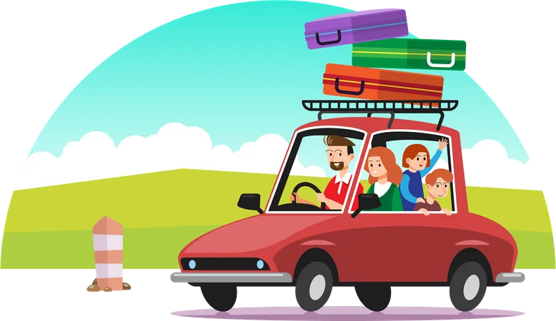 Família viajando de carro  Ilustração