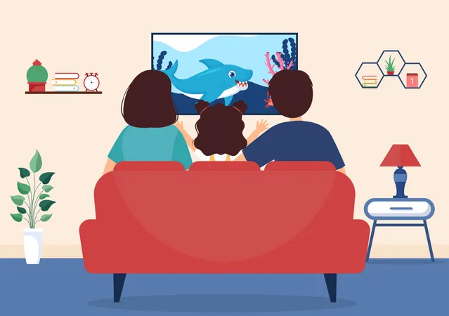 Familia feliz viendo televisión  Ilustración