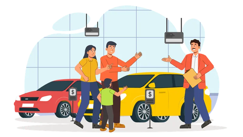 Família foi ao showroom de carros para comprar carro novo  Ilustração