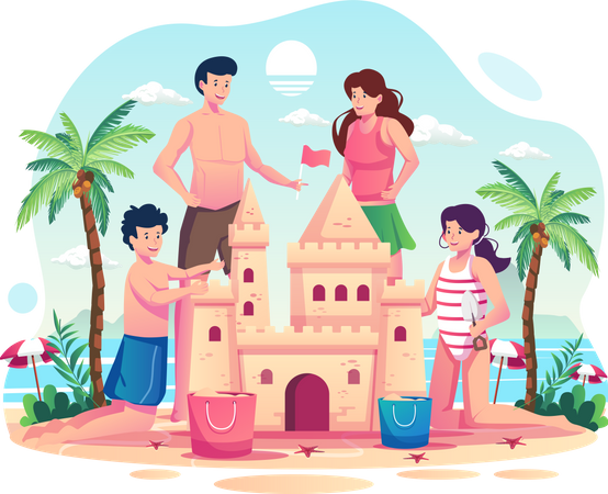 Familia pasando vacaciones de verano  Ilustración