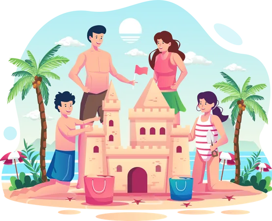 Familia pasando vacaciones de verano  Ilustración