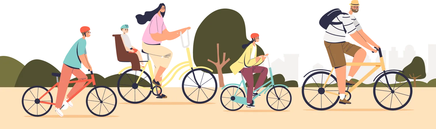 Gran Familia Andando En Bicicleta Juntos Padres Jovenes Con Ninos En Bicicleta En El Parque Linda Madre Padre De Tres Hijos Con Cascos En Bicicleta Ilustracion De Vector De Dibujos Animados Plana Ilustración