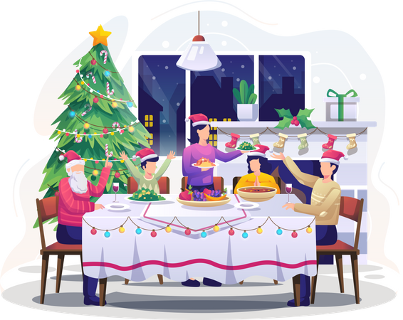 Familia haciendo la cena de Navidad  Ilustración