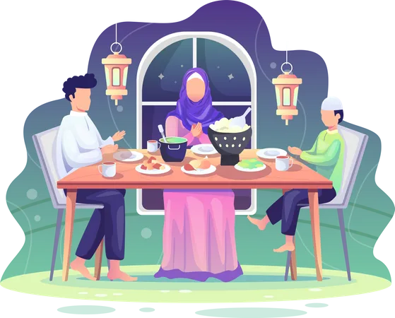 Familia haciendo juntos la cena de Ramadán  Ilustración