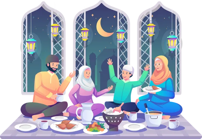 Familia haciendo juntos la cena de Ramadán  Ilustración