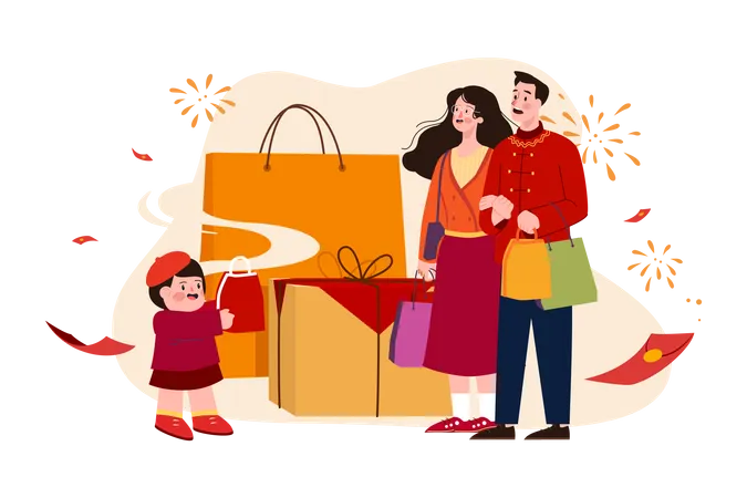 Familia haciendo compras en el Año Nuevo Chino  Ilustración