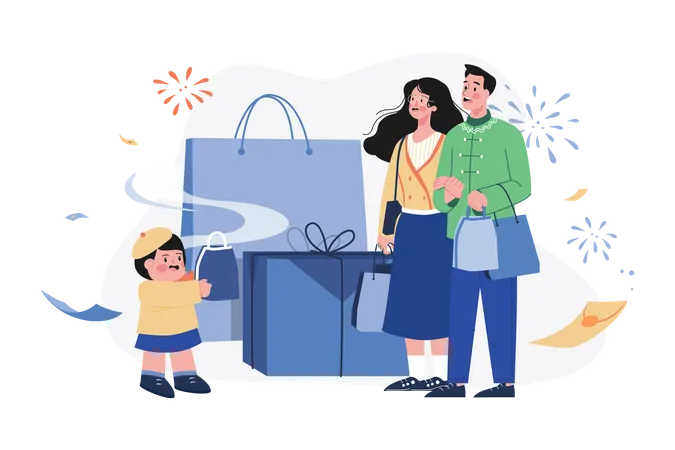 Familia haciendo compras en el Año Nuevo Chino  Ilustración