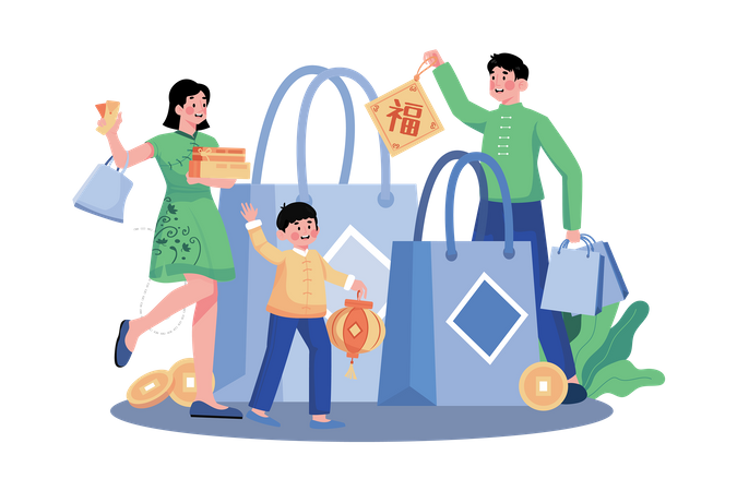 Familia haciendo compras para el Año Nuevo Chino  Ilustración