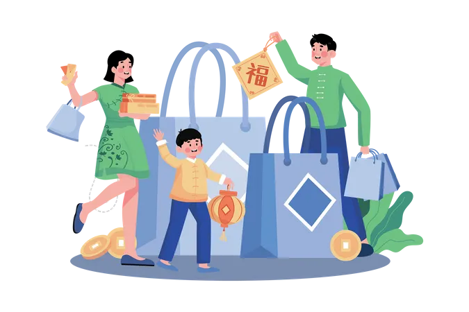 Familia haciendo compras para el Año Nuevo Chino  Ilustración