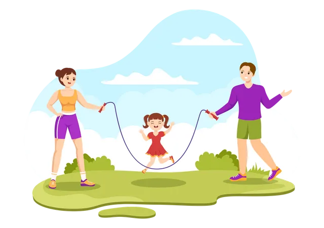 Familia haciendo joroba cuerda  Ilustración