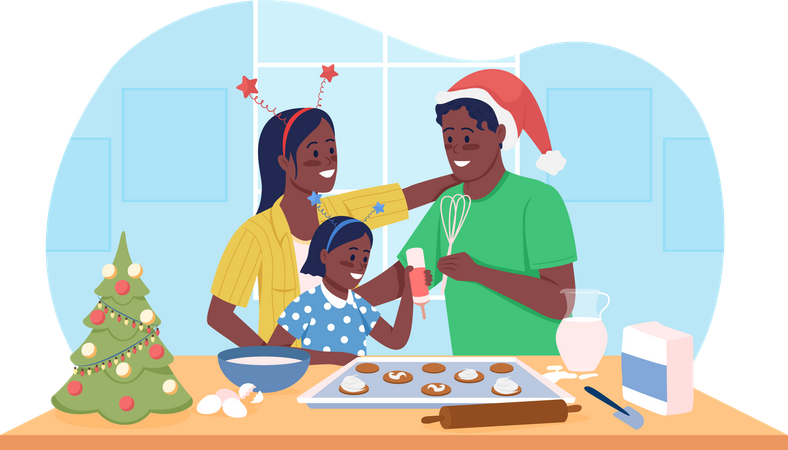 Familia haciendo galletas navideñas juntas  Ilustración