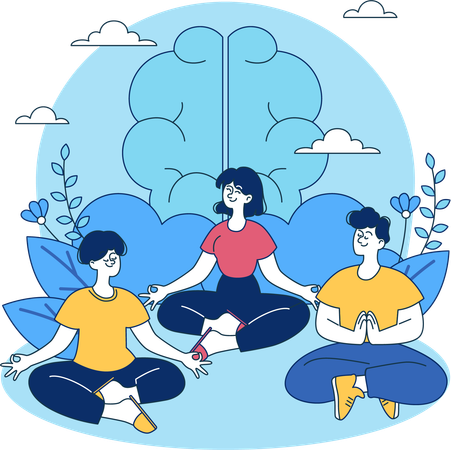 Familia haciendo meditación en casa.  Ilustración