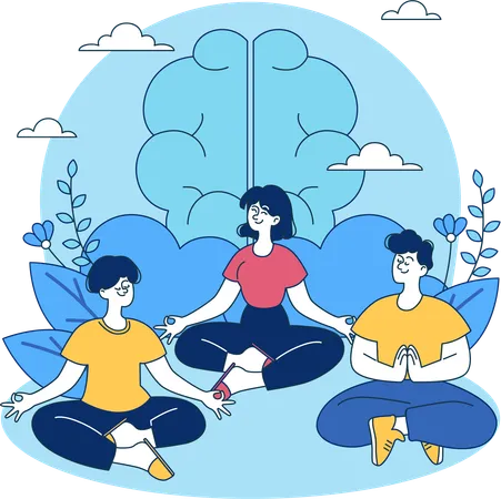 Familia haciendo meditación en casa.  Ilustración