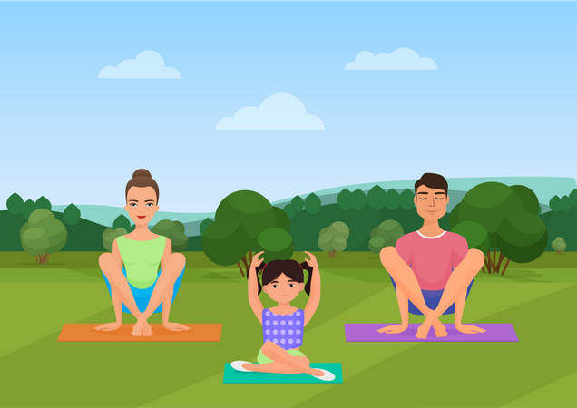 Familia haciendo yoga  Ilustración