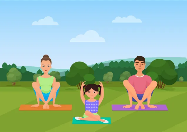 Familia haciendo yoga  Ilustración