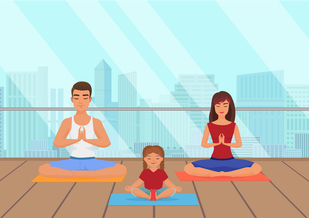 Familia haciendo yoga  Ilustración