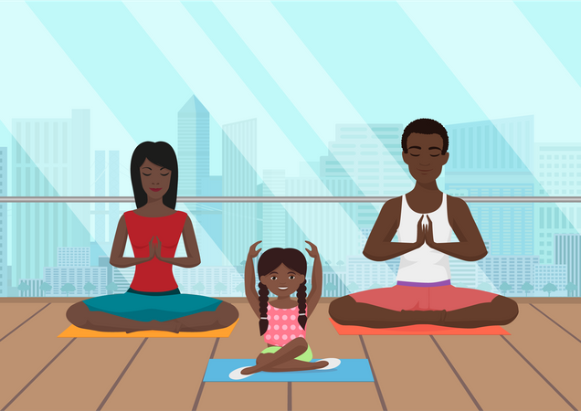 Familia haciendo yoga  Ilustración