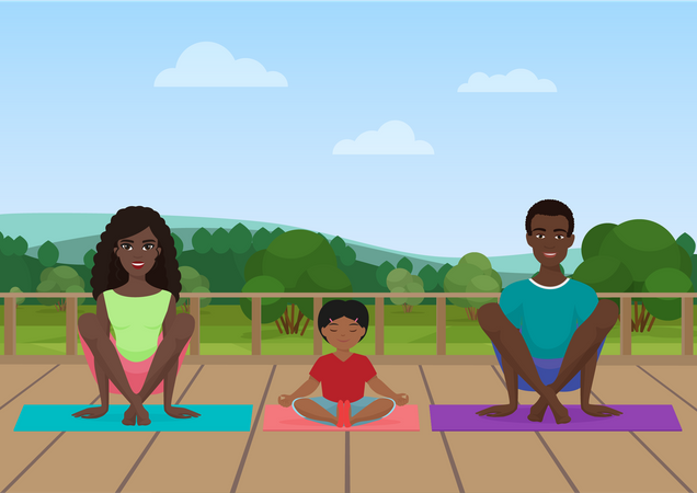 Familia haciendo yoga  Ilustración