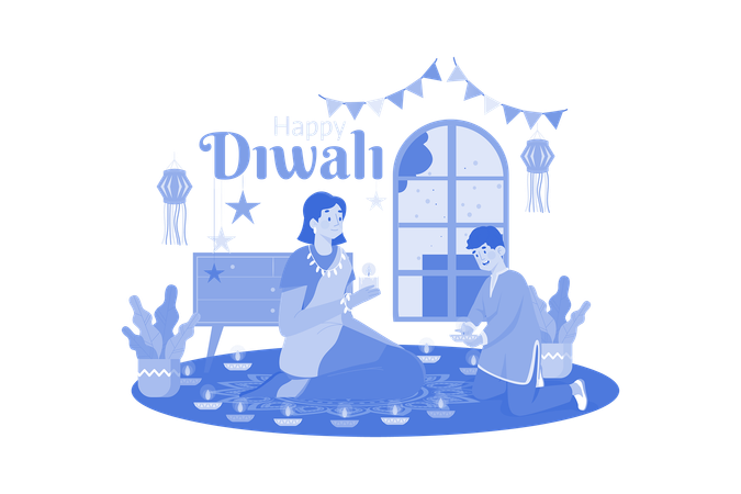 Familia sosteniendo Diya durante Diwali  Ilustración