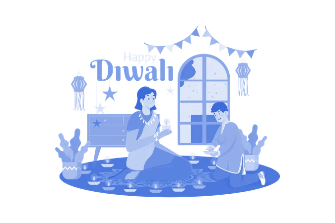 Familia sosteniendo Diya durante Diwali  Ilustración