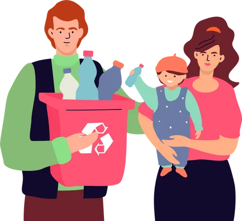 Familia sosteniendo la papelera de reciclaje  Ilustración