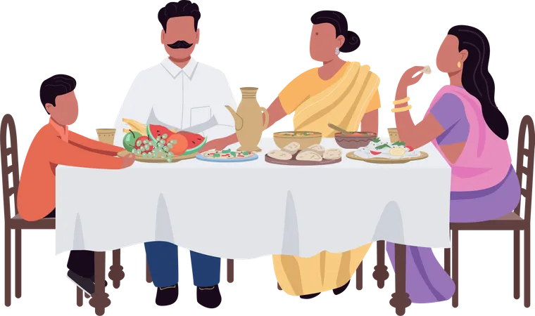 Familia india cenando juntos  Ilustración