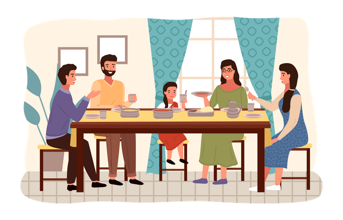 Familia india comiendo comida mientras está sentada en la mesa del comedor  Ilustración