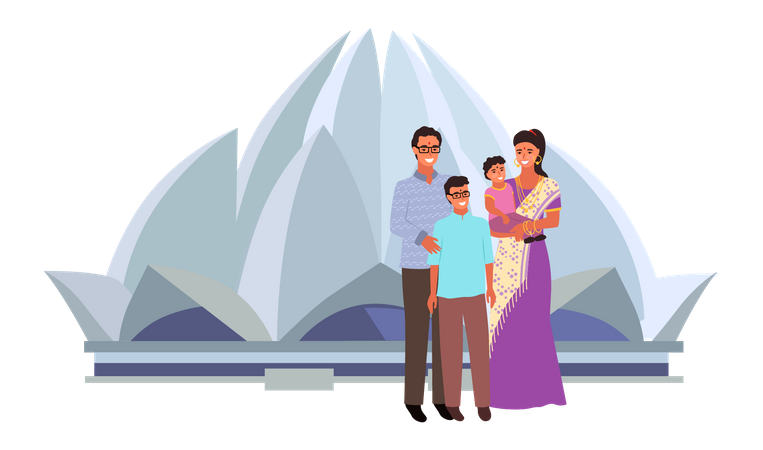 Familia india parada afuera del Templo del Loto  Ilustración