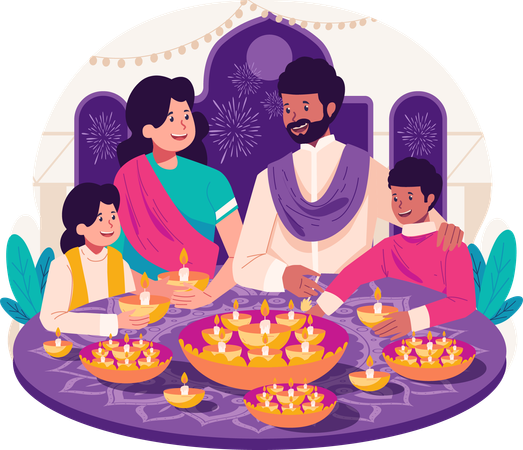 Familia india decorando rangoli y diya para celebrar diwali  Ilustración
