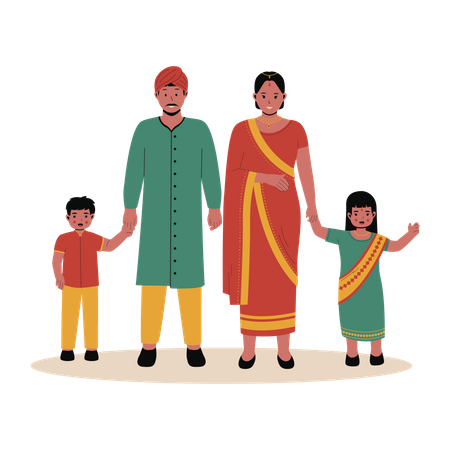 Familia india con ropa tradicional  Ilustración