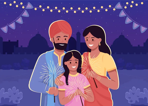 Família indiana comemorando Diwali  Ilustração