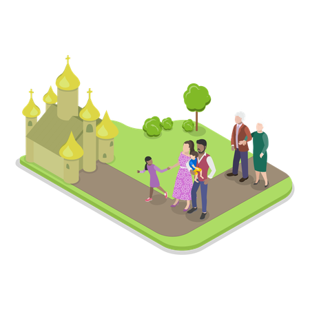 Família indo à igreja para orar  Ilustração