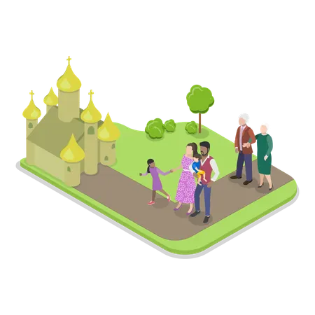 Família indo à igreja para orar  Ilustração