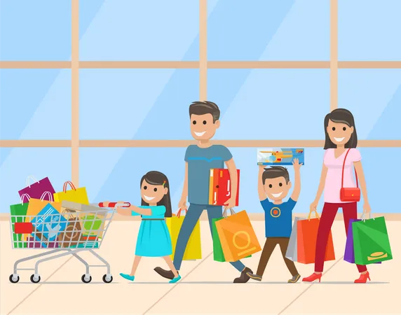 Família indo fazer compras no shopping  Ilustração