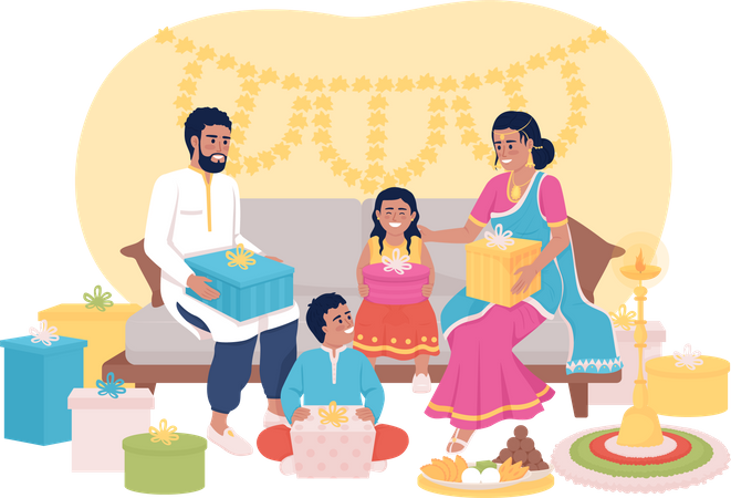 Familia intercambiando regalos en Diwali  Ilustración