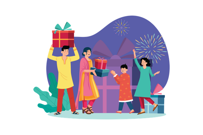 Familia intercambiando regalos en Diwali  Ilustración