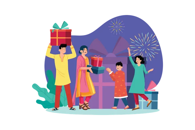 Familia intercambiando regalos en Diwali  Ilustración