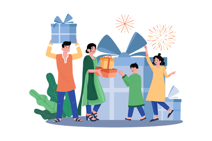 Familia intercambiando regalos en Diwali  Ilustración