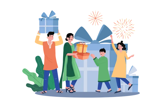 Familia intercambiando regalos en Diwali  Ilustración