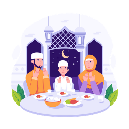 Familia islámica rezando antes de comer comida Iftar  Ilustración