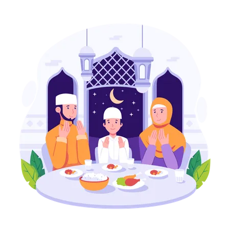 Familia islámica rezando antes de comer comida Iftar  Ilustración
