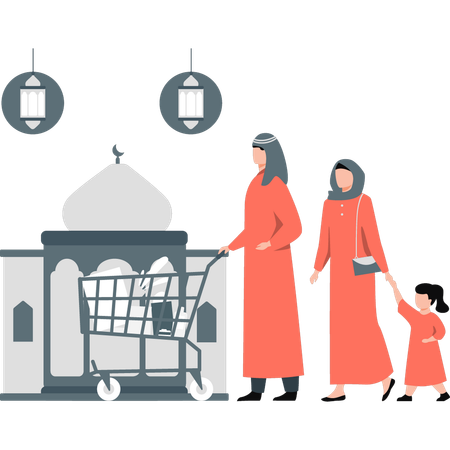 Familia islámica yendo de compras al Ramadán  Ilustración