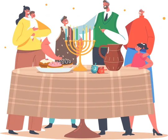 Familia de Israel celebra la festividad de Hanukkah  Ilustración