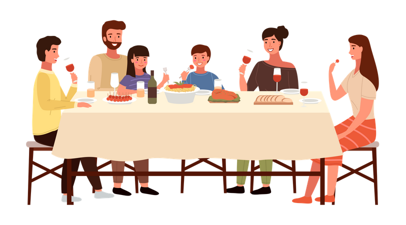 Familia italiana cenando juntos  Ilustración