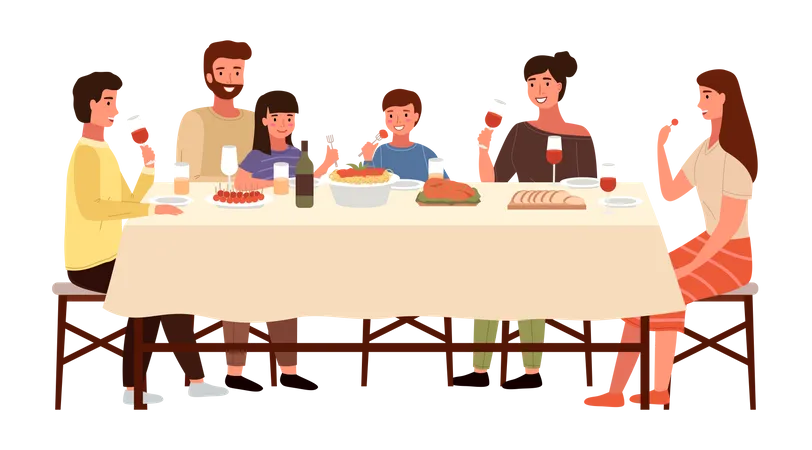 Familia italiana cenando juntos  Ilustración