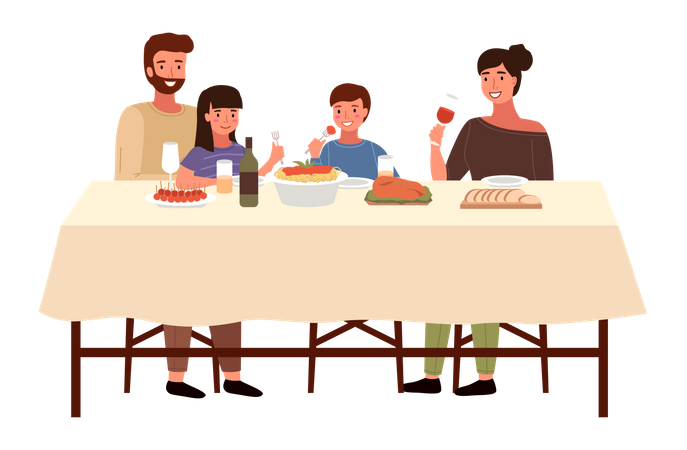 Família italiana comendo refeição juntos  Ilustração