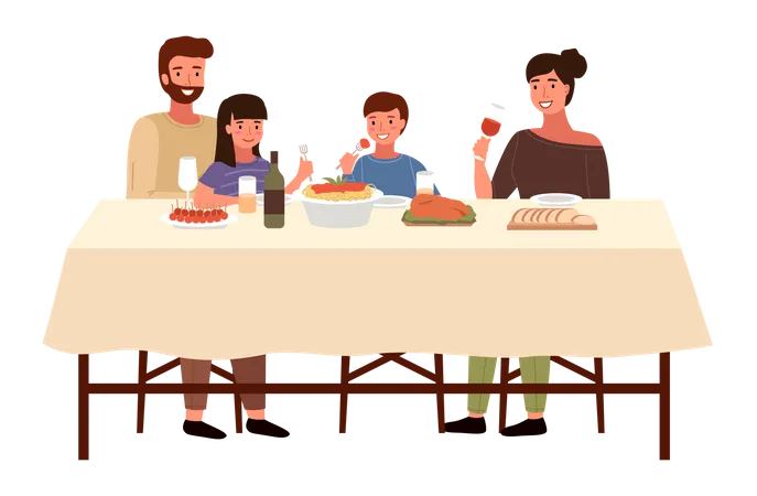 Familia italiana comiendo juntos  Ilustración