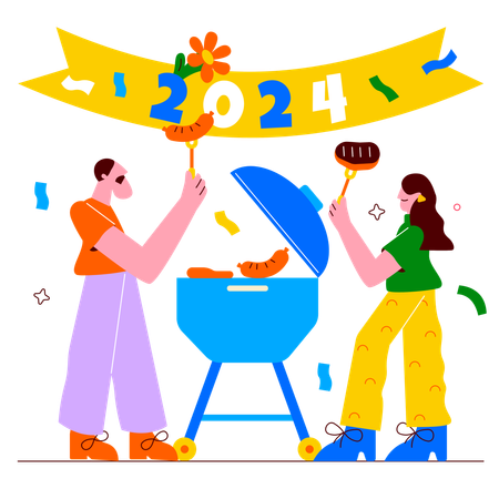 Família jantando churrasco na festa de ano novo  Ilustração